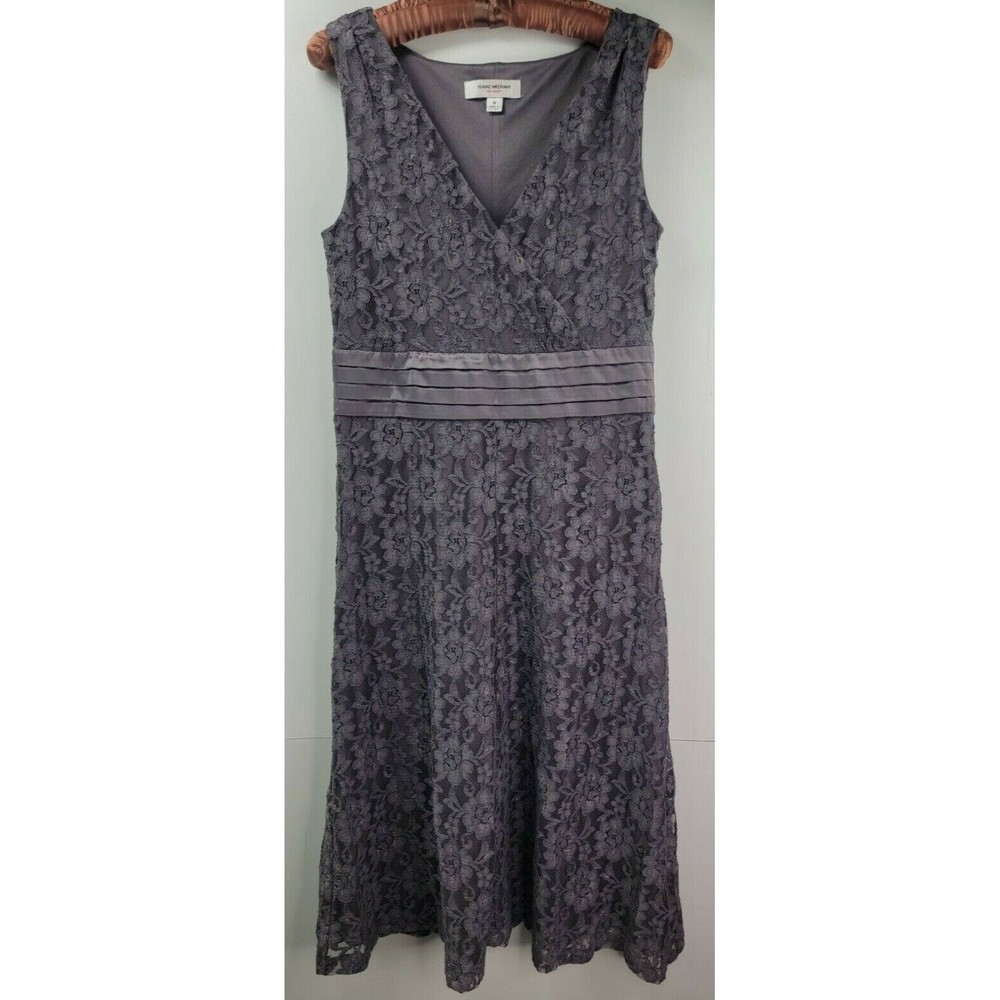 Isaac Mizrahi Gray Sleeveless Lace Empire Waist Pleated Sash Cocktail Dress Sz M
